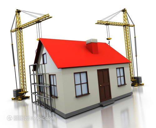 白色背景下的3D起重機與房屋建筑 現代建筑工業的視覺解析